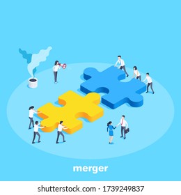 isometric vector image on a blue background, people in business clothes connect two pieces of a puzzle, teamwork for success, merger