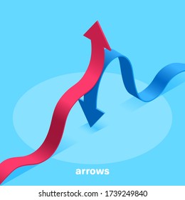 isometric vector image on a blue background, wave-shaped arrows of blue and red color directed oppositely up and down, flow and growth in the economy