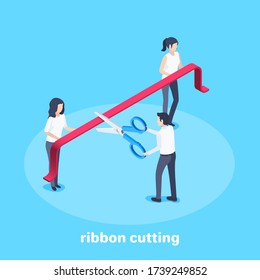 isometric vector image on a blue background, a man in business clothes with a pair of scissors cuts a red ribbon held by two women