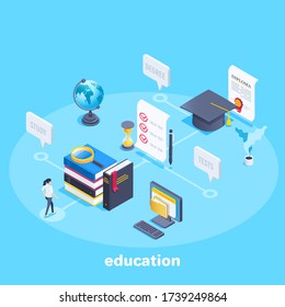 isometric vector image on a blue background, the path from the beginning of education to a scientific degree, books and test next to a hat and a diploma, a girl at the beginning of her studies