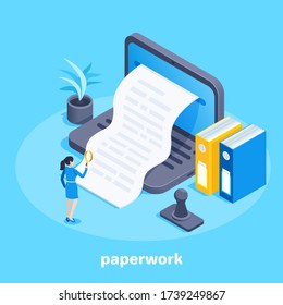 isometric vector image on a blue background, a woman with a magnifying glass stands in front of a laptop from the screen of which a paper document comes out, folders  and a signet, paperwork