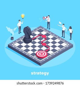 isometric vector image on a blue background, people in business clothes around a chessboard on which a horse stands and the strategy of his moves to the goal is indicated