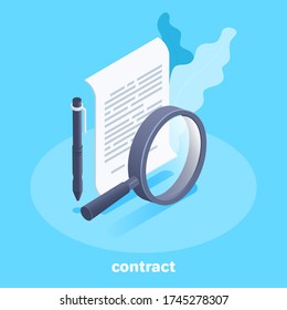 isometric vector image on a blue background, a icon in the form of a sheet of paper with a pen and a magnifier, a contract or business documentation