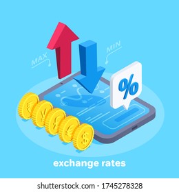 isometric vector image on a blue background, up and down arrows above tablet screen and coins with different currencies icons, text bubble with percent icon