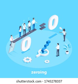 isometric vector image on a blue background, people stand in the mathematical example of dividing by zero, zeroing the working staff