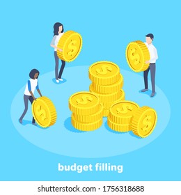 isometric vector image on a blue background, people with golden coins stack them in piles, filling the budget