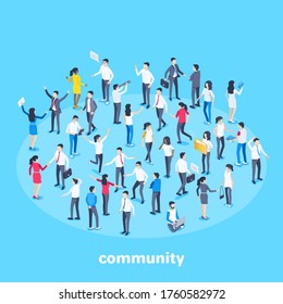 isometric vector image on a blue background, people in business suits are grouped in contact with each other, social groups or community