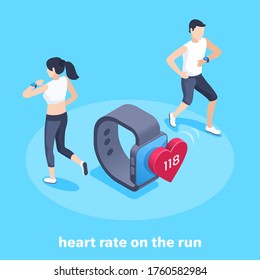 isometric vector image on a blue background, a man and a woman with a smart watch are running tracking their pulse, heart rate on the run