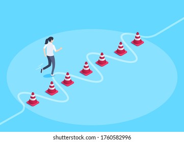 Isometric Vector Image On A Blue Background, A Woman Runs Along A Given Trajectory Between Road Chips, Business Training