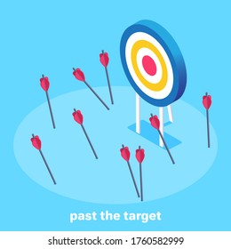 isometric vector image on a blue background, target and arrows not falling into it, past the target