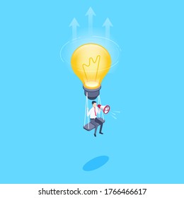 isometric vector image on a blue background, a man in a business suit with a loudspeaker hanging on a light bulb, promotion