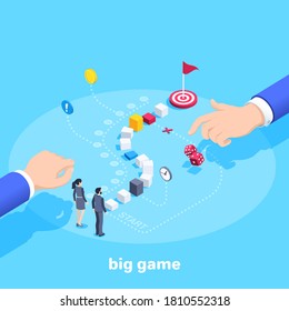 isometric vector image on a blue background, business game where people are the game pieces, manipulation and management in business, dice and hands, reaching the goal