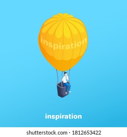 isometric vector image on a blue background, a man in business clothes sits on a basket of a balloon on which it is written inspiration