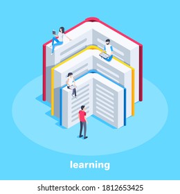 isometric vector image on a blue background, open books lined up by ladder and reading people, learning books