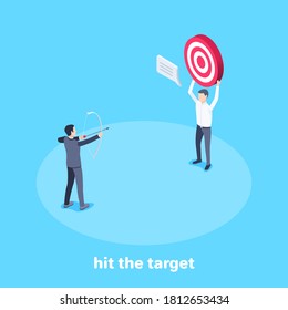 isometric vector image on a blue background, a man in a business suit shoots a bow at the target held by his partner, hit the target