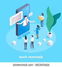 isometric vector image on a blue background, a man makes a presentation to his colleagues remotely via a smartphone