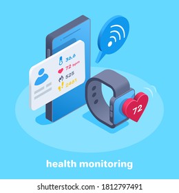 Isometric Vector Image On A Blue Background, Smart Watch Transmits Health Information To Smartphone Via Bluetooth, Health Information On Phone Screen