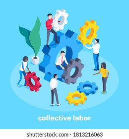 isometric vector image on blue background, people move and expose gears, well-coordinated teamwork, collective labor