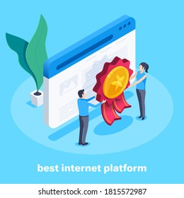 Isometric Vector Image On A Blue Background, A Man And A Woman Hang An Award On The Website Page, Best Internet Platform