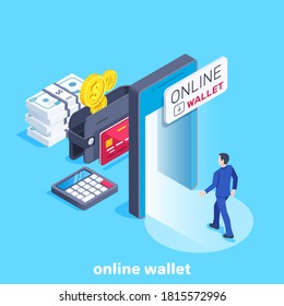 Isometric Vector Image On A Blue Background, A Man In A Business Suit Goes Through The Portal In The Smartphone Screen To An Online Wallet