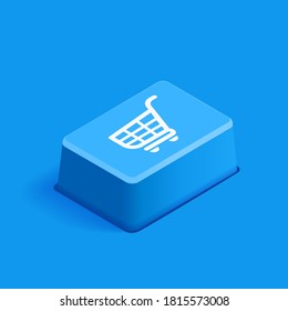 isometric vector image on blue background, button with grocery basket icon, shopping button