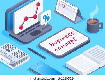 isometric vector image on blue background, business attributes such as laptop and smartphone, notebook and newspaper and tablet with an inscription on the screen business concept