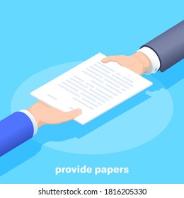 isometric vector image on a blue background, a man in business clothes passes paper documentation to another man, from hand to hand provide papers