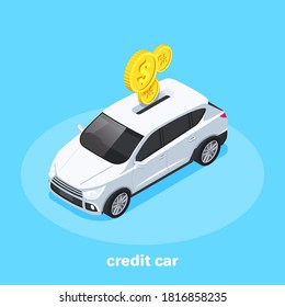 isometric vector image on a blue background, white car and golden manets falling into it, credit car