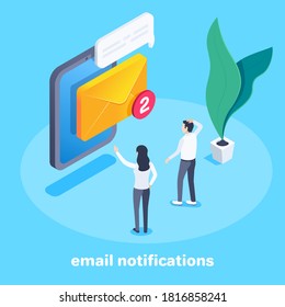 Isometric Vector Image On Blue Background, Man And Woman Looking At Tablet Screen With Envelope And Text Bubble, Email Notifications