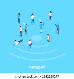 isometric vector image on a blue background, people with smartphones and tablets use the internet, wireless internet connection and hotspot