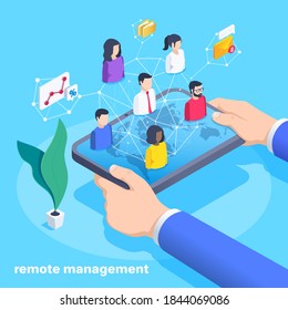 isometric vector image on a blue background, a man in a business suit holding a tablet in his hands, people icons on the gadget screen, remote management