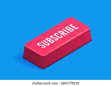 isometric vector image on blue background, big red button with inscription subscribe