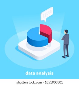 isometric vector image on a blue background, a man in a business suit stands near a pie chart, data analysis