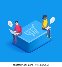 isometric vector image on blue background, button with grocery basket icon, people shop online, shopping button
