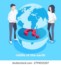 isometric vector image on a blue background, a man and a woman are holding a part of the globe inside of which a question mark, riddle of the earth