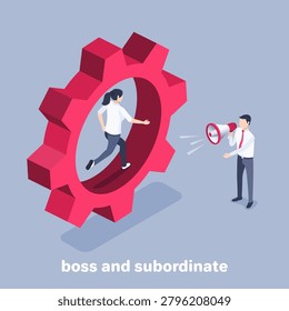 isometric vector image on a blue background, a woman runs inside a large gear wheel and next to a man in business clothes with a loudspeaker, a boss and a subordinate