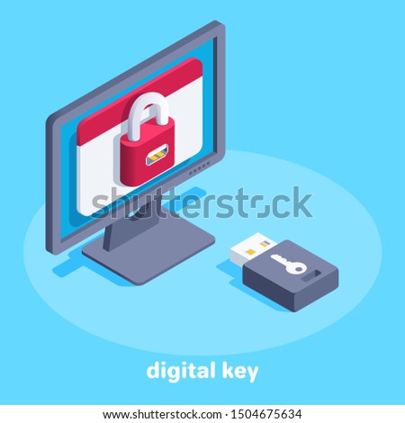 isometric vector image on a blue background, a monitor with a lock on the screen and a flash drive key, digital information protection