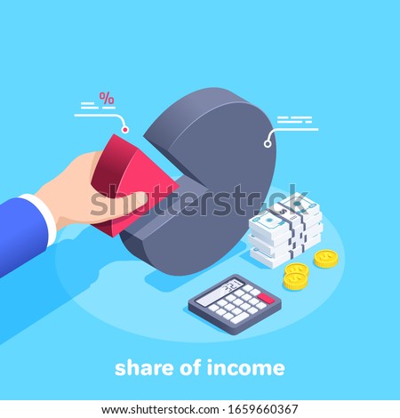 isometric vector image on a blue background, a man in a business suit takes a red chart part, calculator and money, share of income