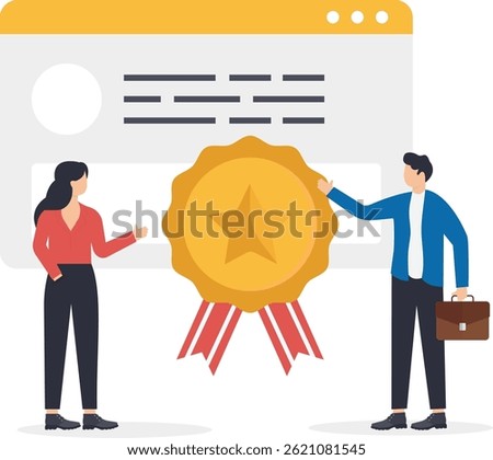 isometric vector image on a blue background, a man and a woman hang an award on the website page, best internet platform

