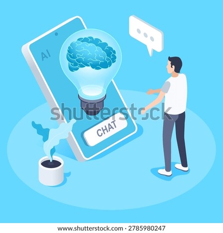 isometric vector image on a blue background, the brain inside the light bulb on the screen and man, ai chat