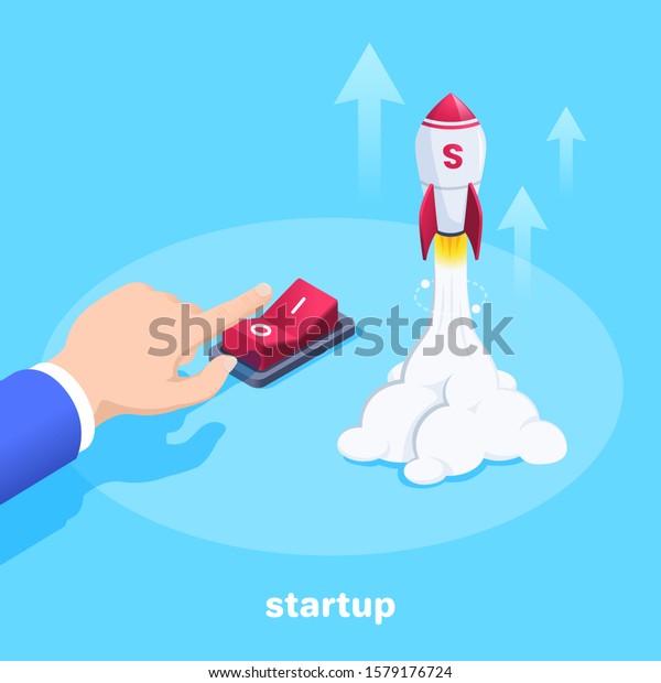 isometric vector image on a\
blue background, male hand presses the red button switch, turn on,\
Isometric vector image on a blue background, taking off rocket or\
startup