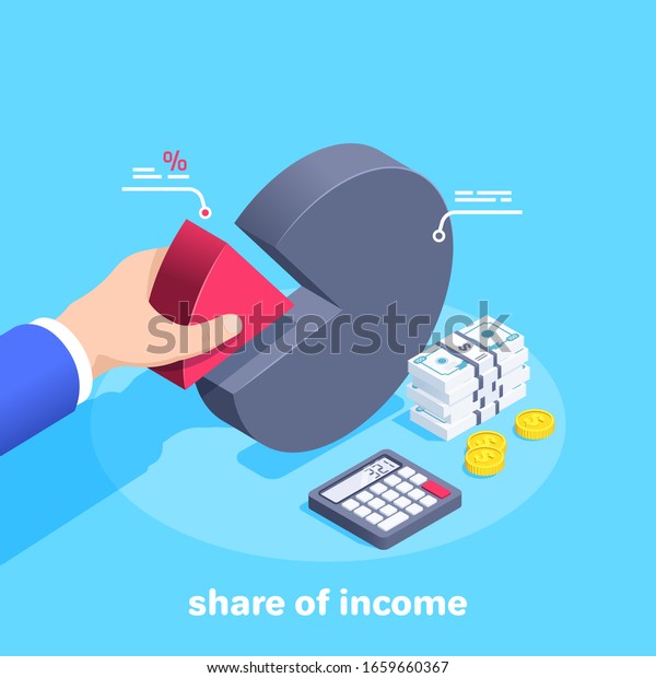 isometric vector image on a blue background, a man\
in a business suit takes a red chart part, calculator and money,\
share of income