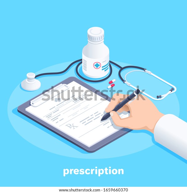 isometric vector image on a blue background,\
the doctor fills out a prescription form lying on the tablet next\
to a stethoscope and a jar of\
pills