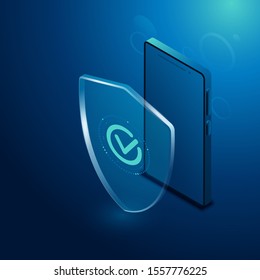 isometric vector image on a dark blue background, transparent shield and smartphone, digital data protection.