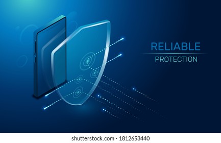 isometric vector image on a dark background, a transparent shield covering the lsmartphone from virus attacks, reliable protection