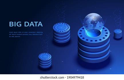 isometric vector image on a dark blue background, illustration in the form of a landing page for a web site, a server processing big data