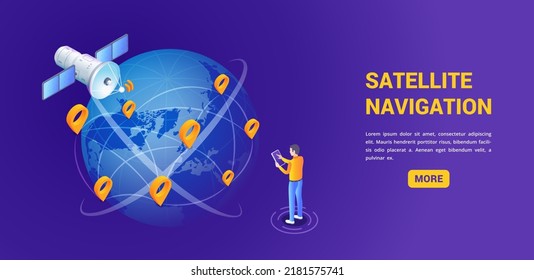 isometric vector image on a dark background, a landing page on the theme of satellite navigation, man with a smartphone is standing near the globe around which a satellite is flying