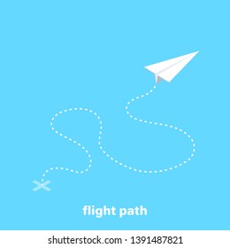 isometric vector image on a golom background, white paper airplane and its flight path dotted line, travel and flight route