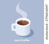 isometric vector image on gray background, white cup of hot coffee