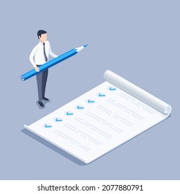 isometric vector image on a gray background, a man in business attire with a pencil stands near a filled sheet of blank with checkmarks, testing or survey